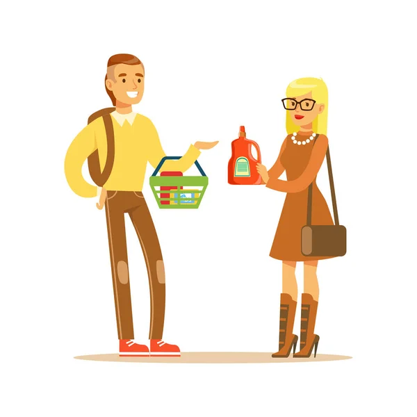 Joven pareja eligiendo compras de productos en grandes almacenes, personaje de dibujos animados comprando cosas en la tienda — Vector de stock