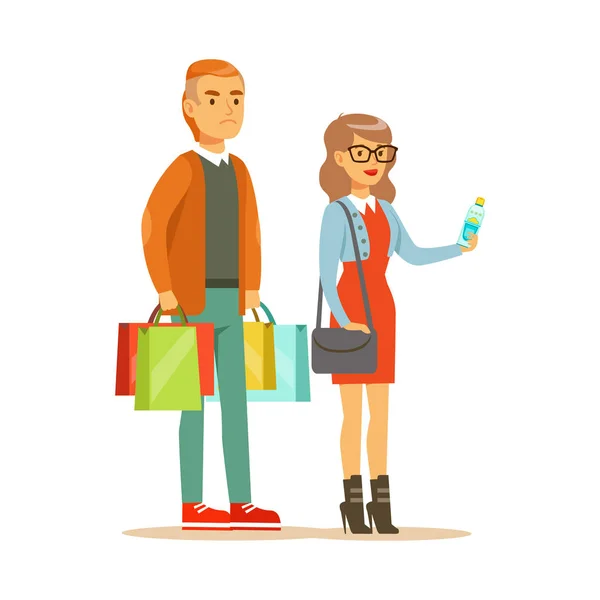 Pareja con múltiples bolsas de salida de ropa de compras en los grandes almacenes, personaje de dibujos animados que compra cosas en la tienda — Vector de stock