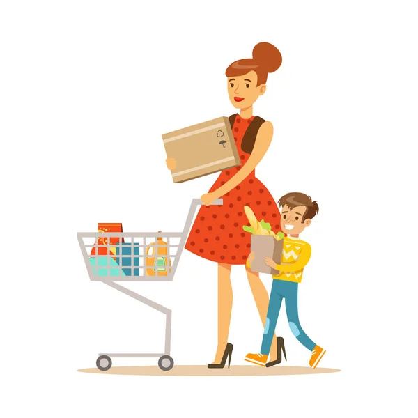 母亲和儿子一起推车购物在百货公司，买东西，店里的卡通人物 — 图库矢量图片