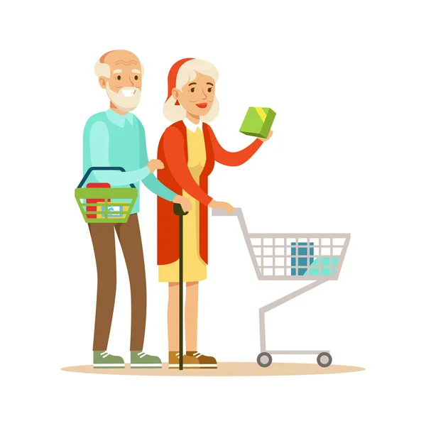 Casal de idosos com carrinho de compras na loja de departamento, personagens de desenhos animados comprando coisas na loja —  Vetores de Stock
