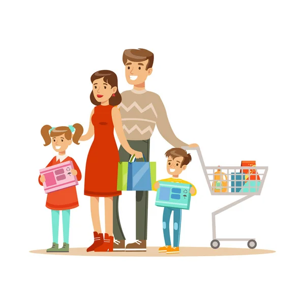 Familia de cuatro. Ilustración colorida del vector con la gente feliz en supermercado . — Vector de stock