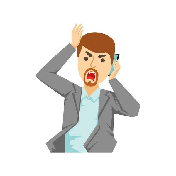 Angry Office Worker Shouting At Smartphone, Part Of People Speaking On The Mobile Phone Series — Stock Vector