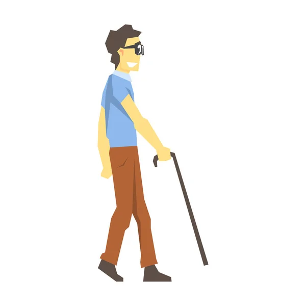 Hombre ciego caminando con bastón, persona joven con discapacidad superando la lesión Living Full Live Vector Illustration — Vector de stock