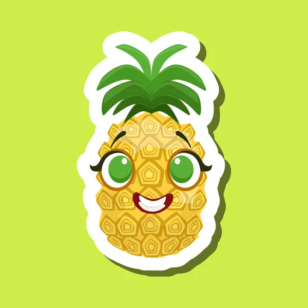 Ananas sorridente felicemente, simpatico adesivo Emoji su sfondo verde — Vettoriale Stock