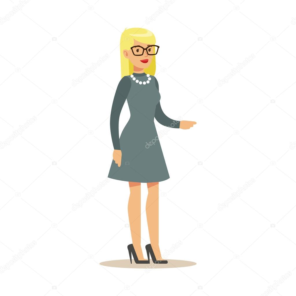 Blond Woman In Glasses In Grey Dress, Part Of Office Workers Series Of Cartoon Characters In Official Clothing