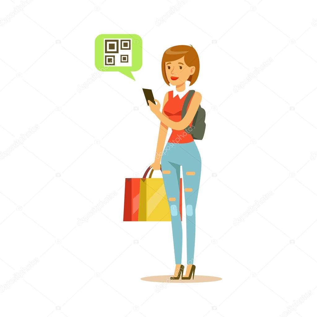 Woman Registering QR Code Shopping In Department Store ,Cartoon Character Buying Things In The Shop