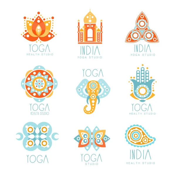 Indiase Yoga Studio Set van kleurrijke Promo teken ontwerpsjablonen met mandala's en gestileerde beroemde spirituele Indiase symbolen — Stockvector