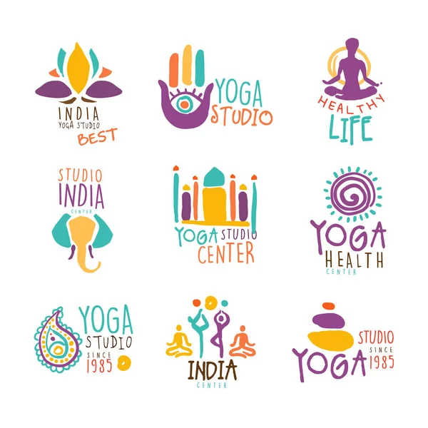 Conjunto de centro de yoga de coloridas plantillas de diseño de signos promocionales con diferentes símbolos espirituales indios para estudio de fitness — Archivo Imágenes Vectoriales