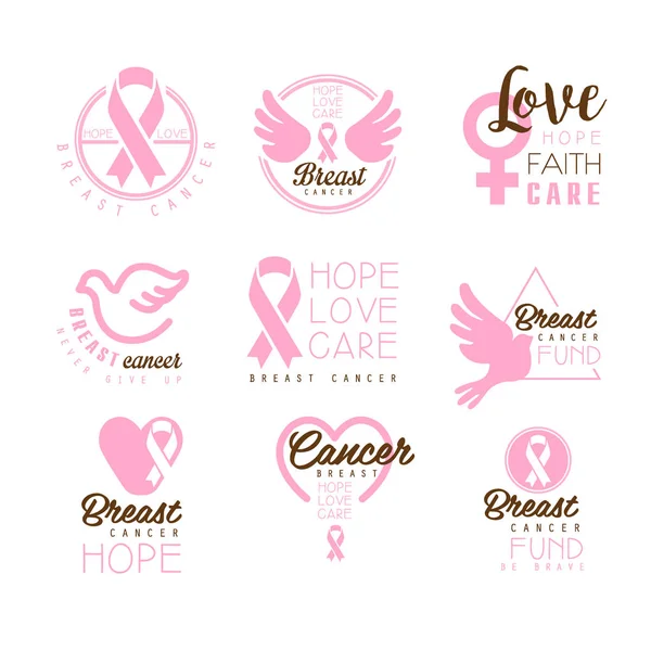 Breast Cancer Fund Set Of Colorful Promo Sign Design Templates In Pink Color With International Cancer Sickness Symbols And Motivating Slogans — Stock Vector