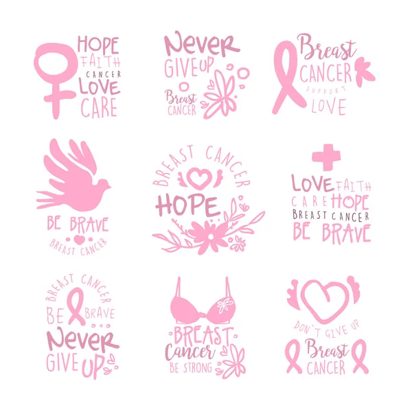 Colección de fondos de cáncer de mama de coloridas plantillas de diseño de signos de promoción en color rosa con símbolos internacionales de enfermedad del cáncer y eslóganes motivadores — Vector de stock