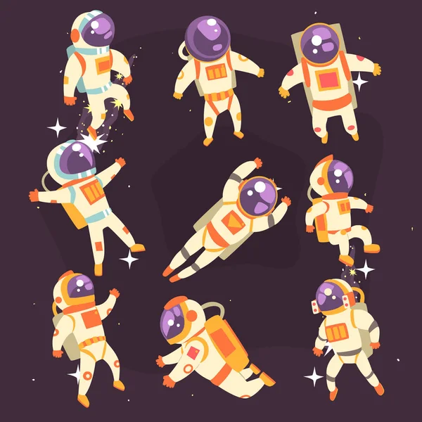 Космонавт в космическом костюме, плавающий в открытом космосе в разных позициях Набор иллюстраций , — стоковый вектор