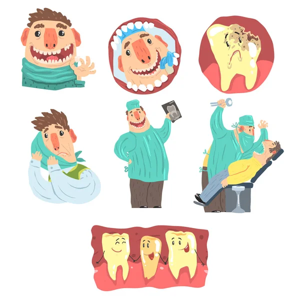 Divertido dentista de dibujos animados e ilustración del paciente con procedimientos de cuidado dental y personajes humanizados de los dientes — Archivo Imágenes Vectoriales