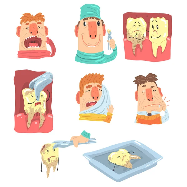 Funny Cartoon Dentist And Patient Illustration Series With Dental Care Procedures And Humanized Teeth Characters — Stock Vector