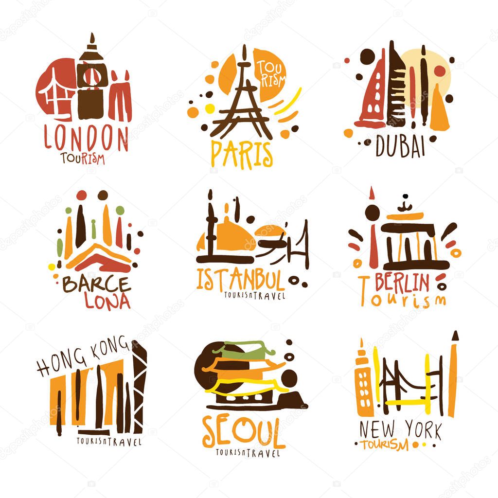 Touristic Travel Agency Set Of Colorful Promo Sign Design Templates With Different Tourism Cities And Their Architecture. Bright Color Promotional Vector Labels With Text Series.