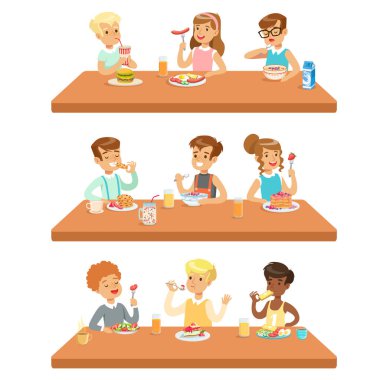 Kids Eating Brekfast And Lunch Food And Drinking Soft Drinks Set Of Cartoon Characters Enjoying Their Meal Sitting At The Table