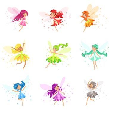Colorful Rainbow Set Of Cute Girly Fairies With Winds And Long Hair Dancing Surrounded By Sparks And Stars In Pretty Dresses clipart