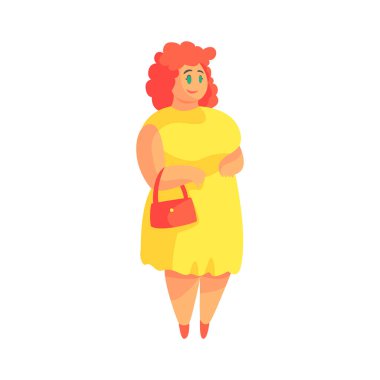 Happy Plus Size Woman In Yellow Suummer Dress With Purse Enjoying Life, Smiling Overweighed Girl Cartoon Characters clipart