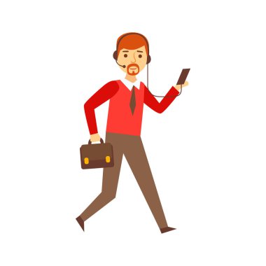 İş için bavul ve kulaklık ile Smartphone için varlık Online kişi her zaman takıntılı Gadget ile çalışan iş adamı