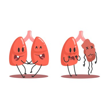 Akciğerler insan iç Organ sağlıklı Vs sağlıksız, tıbbi anatomik komik karikatür karakter çift karşılaştırma hasta ve yaralı karşı mutlu