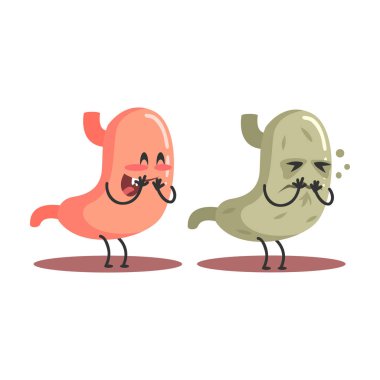 Mide insan iç Organ sağlıklı Vs sağlıksız, tıbbi anatomik komik karikatür karakter çift karşılaştırma hasta ve yaralı karşı mutlu