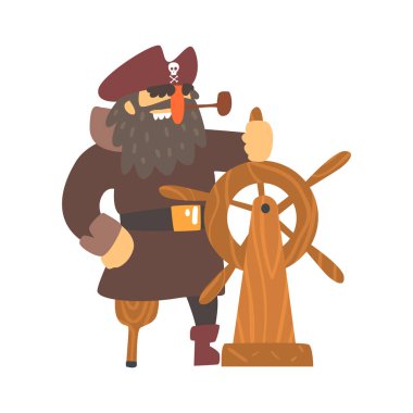 Göz bandı tekerlek, muhaliflerden boğaz kesen çizgi film karakteri karıştırma için elinde tahta bacak üzerinde pis korsan Kaptan