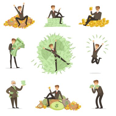 Very Rich Man Bathing In His Money, Happy Millionaire Magnate Male Character Series Of Illustrations clipart