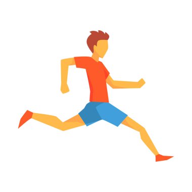 Adam sağ bacak, yarış rekabet illüstrasyon kırmızı Top ve mavi kısa parça çalışan erkek sporcu açılış