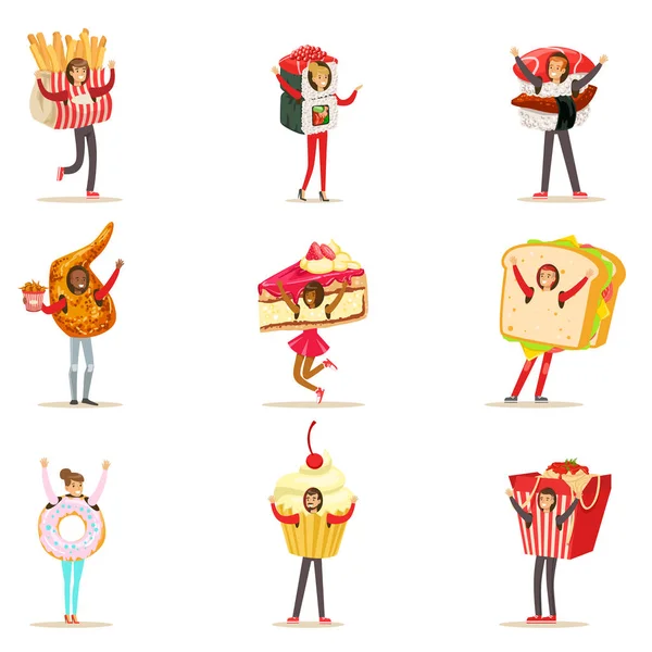 Menschen in Fast-Food-Snacks Kostüme als Cafe Menüpunkte Sammlung von Cartoon-Figuren verkleidet — Stockvektor