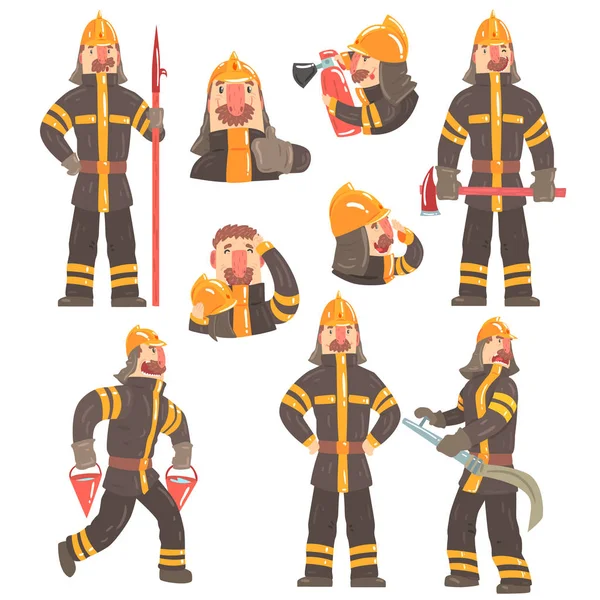Legrační hasič v práci pomocí protipožárního vybavení a nosí uniformu hasič s helmou a bunkr kabát — Stockový vektor