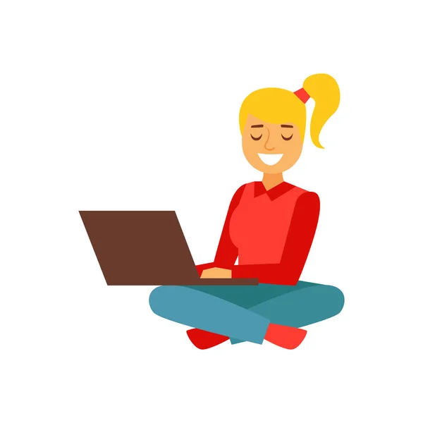 Girl Sitting With Lap Top On The Floor With Legs Crossed, Person Being Online All the Time Obsessed With Gadget - Stok Vektor
