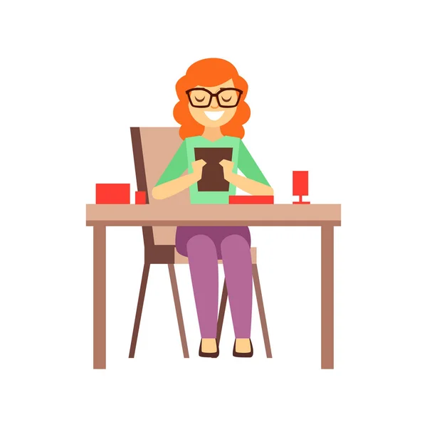 Жінка дивиться на екран планшета під час обіду, людина бути онлайн весь час спостерігається з гаджетом — стоковий вектор