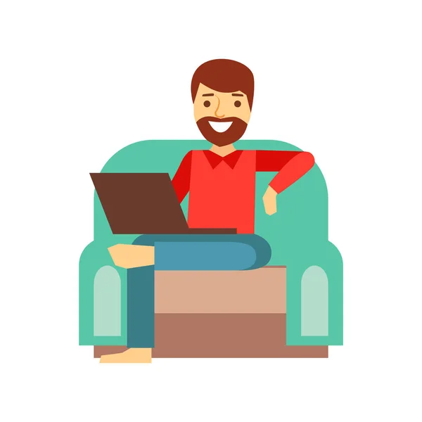 MAn At Home In Armchair With Lap Top, Person Being Online All The Time Obsessed With Gadget — Stock Vector