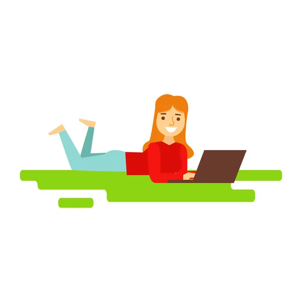 Girl Laying On The Grass WIth Lap Top, Person Being Online All The Time Obsessed With Gadget — Stock Vector