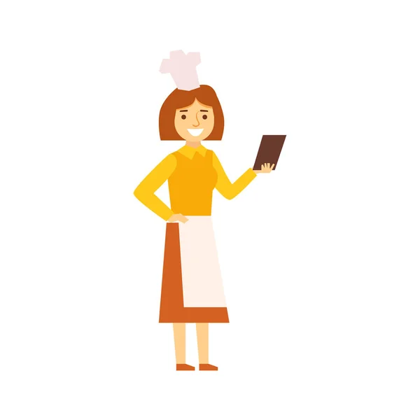 Nő szakács kötény keres Recepy a Smartphone, személy, hogy Online minden a idő gyötört-val szerkentyű — Stock Vector