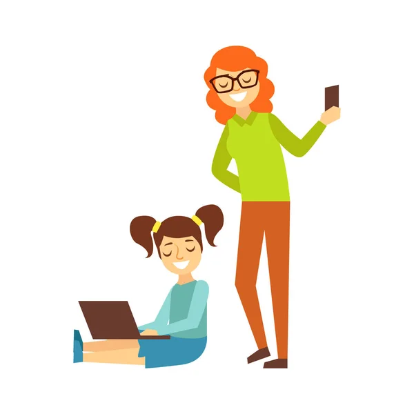 Mother With Smartphone And Girl With Ponytails And Lap Top, Person Being Online All The Time Obsessed With Gadget — Stock Vector