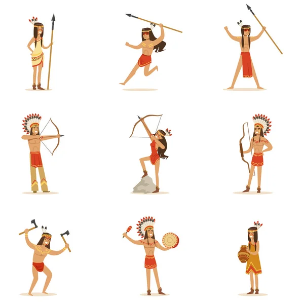 Native American Tribe Members In Traditional Indian Clothing With Weapons And Other Cultural Objects Series Of Cartoon Characters — Stock Vector