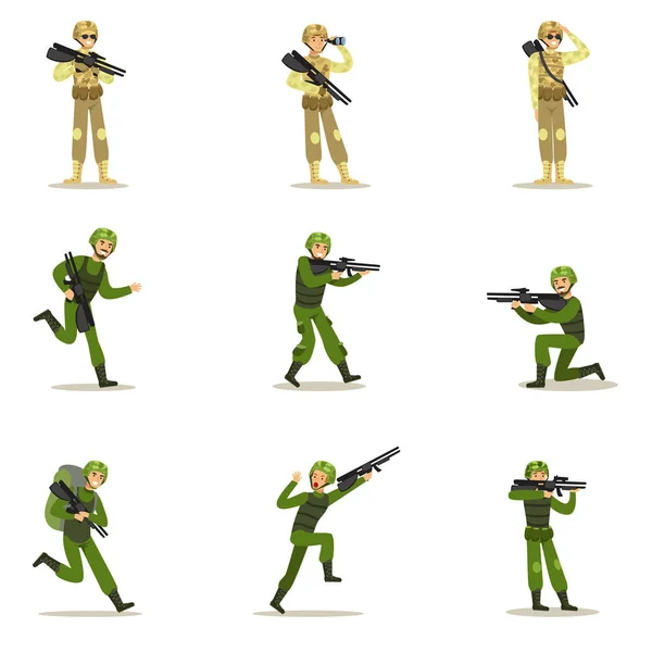 Soldati di fanteria in uniforme kaki militare completa con pistole durante l'operazione di guerra Set di personaggi dei cartoni animati delle forze terrestri del fumetto — Vettoriale Stock