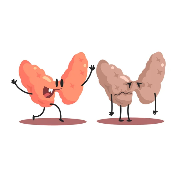 Thyroid Human Internal Organ Healthy Vs Unhealthy, Medical Anatomic Funny Cartoon Character Pair En Comparación Feliz Contra Enfermo Y Dañado — Archivo Imágenes Vectoriales