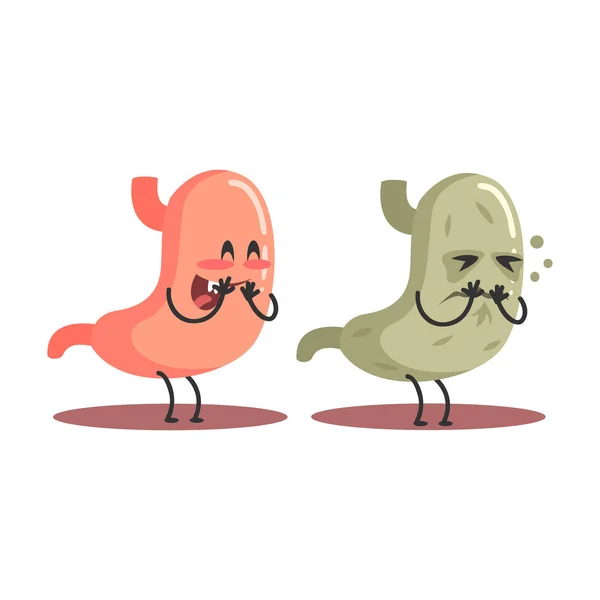 Magen människans inre Organ friska Vs ohälsosamma, medicinsk anatomiska rolig tecknad karaktär par i jämförelse glad mot sjuka och skadade — Stock vektor