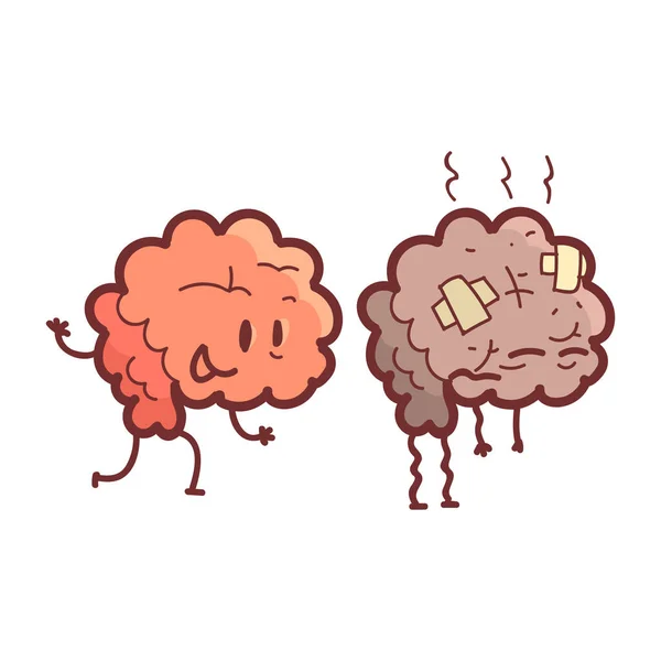 Brain Human Internal Organ Healthy Vs Unhealthy, Medical Anatomic Funny Cartoon Character Pair in Comparison Happy Against Sick and Damaged — стоковый вектор