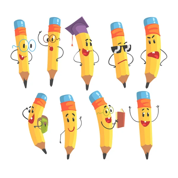 Симпатичний гуманізований олівець Характер з руками та обличчям Emoji Illustrations Set — стоковий вектор