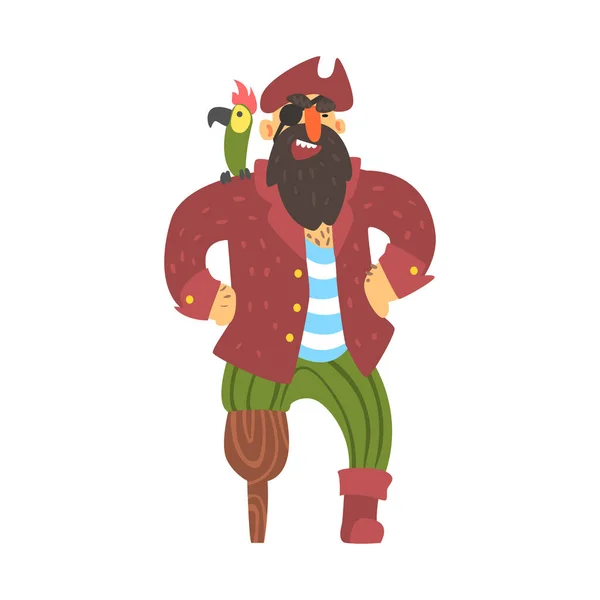 Scruffy capitán pirata con loro con una pierna y un ojo, personaje de dibujos animados Filibuster Cut-Garganta — Vector de stock