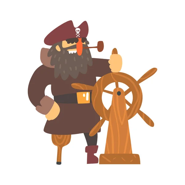 Scruffy Pirate Captain On Wooden Leg With Eye Patch Holding To Stirring Wheel, Filibuster Cut-Throat Cartoon Character — Stock Vector