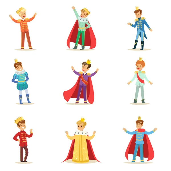 Little Boys In Prince Costume With Crown And Mantle Set Of Cute Kids Dressed As Royals Illustrations — Stock Vector