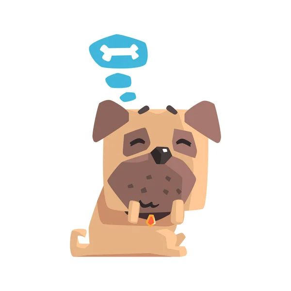 Mały szczeniak Pies Zwierzęta Mops z kołnierzem marzy o ilustracja kość kreskówka Emoji — Wektor stockowy