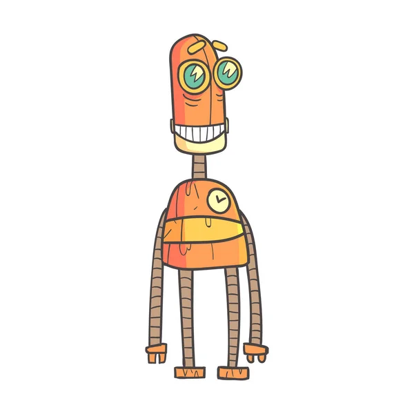Robot naranja de pie caricatura sonriente esbozado ilustración con lindo Android y sus emociones — Archivo Imágenes Vectoriales