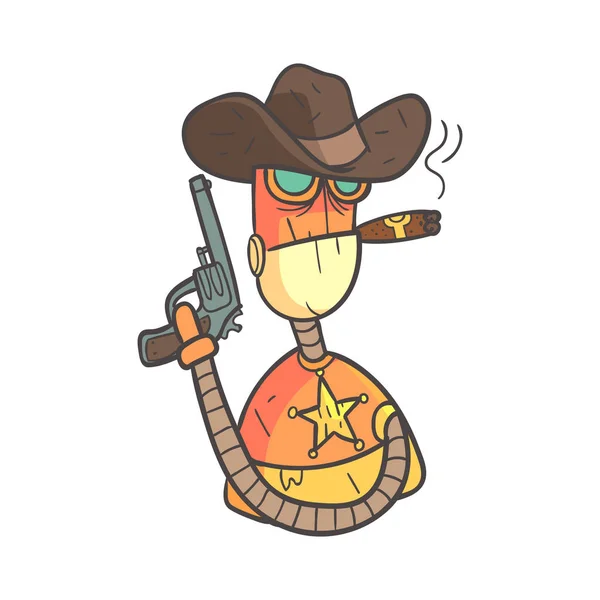 Wild West Sheriff Orange Robot In Cowboy Hat With Gun And Cigar Cartoon Outlined Illustration With Cute Android And His Emotions — Stock Vector