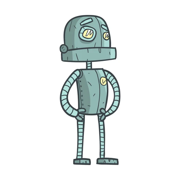 Serio y tranquilo Robot azul de dibujos animados ilustración delineada con lindo Android y sus emociones — Archivo Imágenes Vectoriales