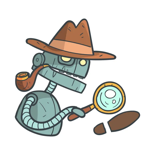 Robô azul detetive privado com lupa e desenhos animados ilustração delineada com Android bonito e suas emoções — Vetor de Stock