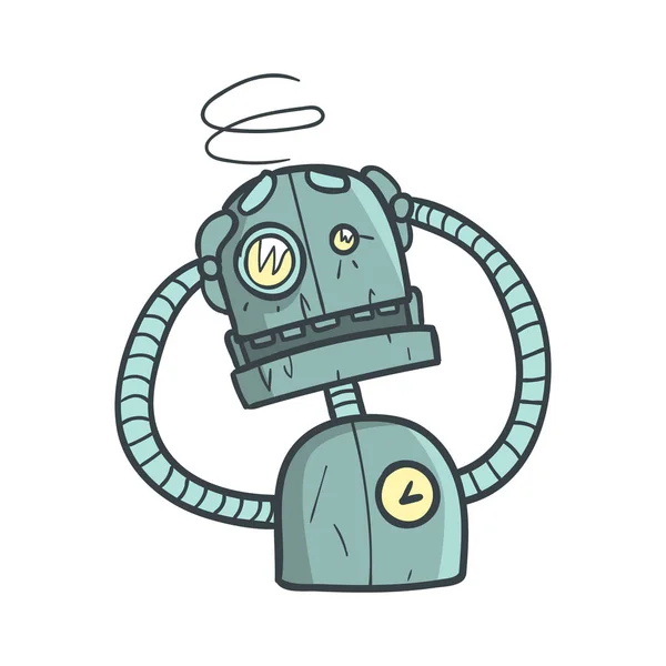 Dizzy Blue Robot Cartoon delineado ilustração com Android bonito e suas emoções — Vetor de Stock